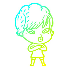 cold gradient line drawing cartoon woman
