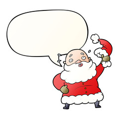 cartoon santa claus waving his hat and speech bubble in smooth gradient style