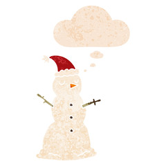 cartoon snowman and thought bubble in retro textured style