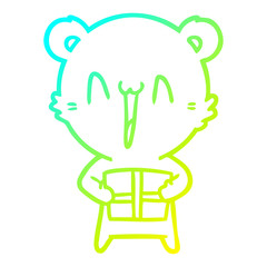 cold gradient line drawing happy bear with gift cartoon