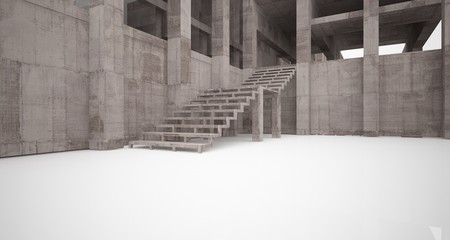 Abstract architectural concrete interior of a minimalist house with white background . 3D illustration and rendering.