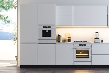 Interior of bright modern stylish kitchen with big windows sea view. 3d rendering.
