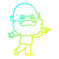 cold gradient line drawing cartoon man with beard frowning and pointing