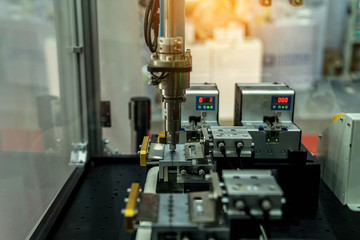 automation machine and detail close up in machine automatic with robotic automation technology for technology production factory