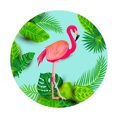 Pink flamingo and tropical leaves vector illustration isolated on white background. Design element for tropical party, t-shirt design, banner, poster, web, invitation. Circle concept