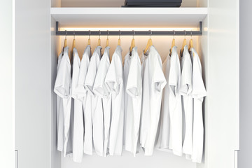 White blank t-shirt with copy space in modern cupboard. 3d rendering.