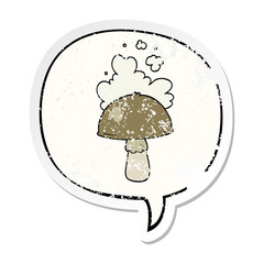 cartoon mushroom and spore cloud and speech bubble distressed sticker