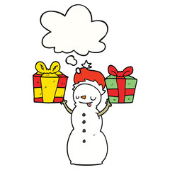 cartoon snowman with present and thought bubble