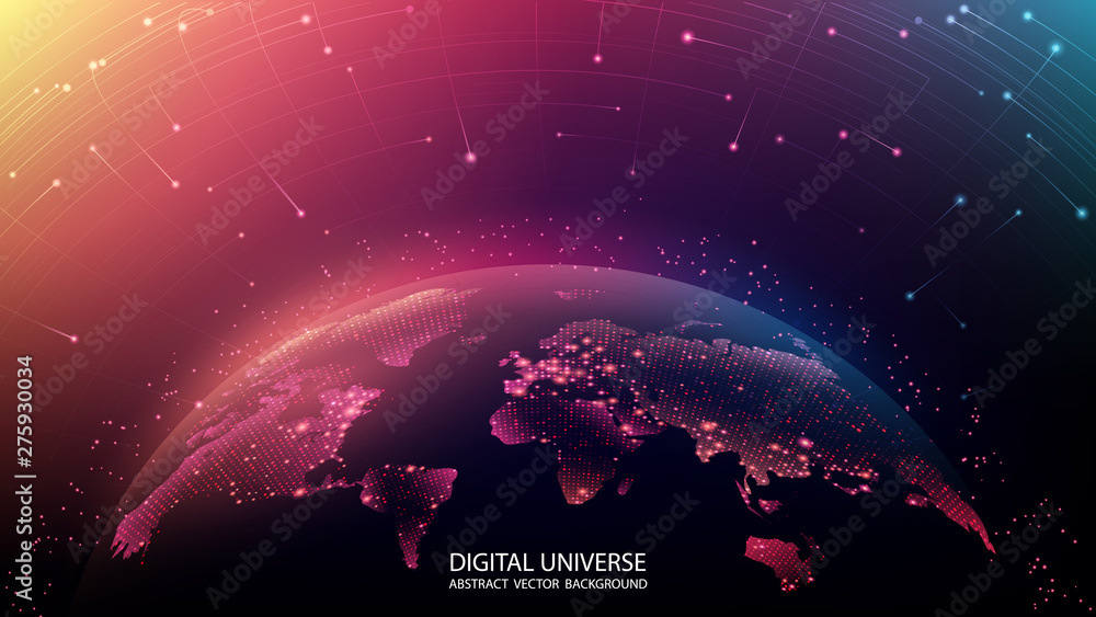 Poster world map of the planet. global social network. future. vector. blue and violet futuristic backgroun
