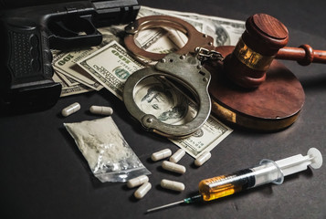 drug addiction, crime concept. justice handcuffs weapon
