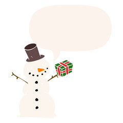 cartoon snowman and speech bubble in retro style