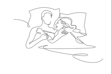 Fototapeta na wymiar Continuous line drawing. Beautiful couple in sleeping pose on pillows. Vector illustration