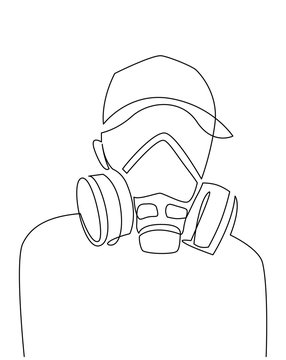 Continuous one line drawing respirator mask illustartion. Graffiti artist in cap