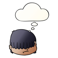 cartoon face with hair over eyes and thought bubble in smooth gradient style