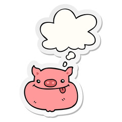 cartoon happy pig face and thought bubble as a printed sticker
