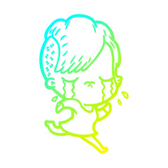 cold gradient line drawing cartoon crying girl running away
