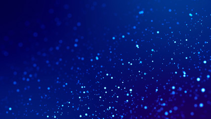 Obraz premium Sci-fi background. Glow blue particles on blue background are hanging in air for bright festive presentation with depth of field and light bokeh effects. Version 28
