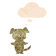 cartoon puppy and thought bubble in retro textured style