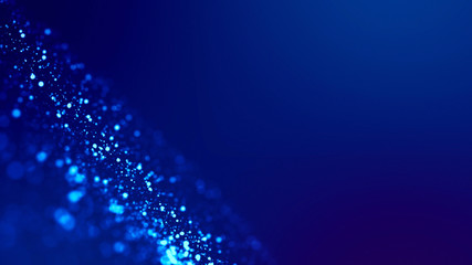 Micro world. Glow blue particles on blue background are hanging in air for bright festive presentation with depth of field and light bokeh effects. Version 22