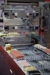 Linear tray package food heat sealing machine. Food industry