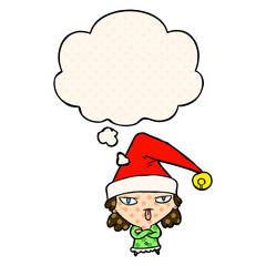 cartoon girl wearing christmas hat and thought bubble in comic book style