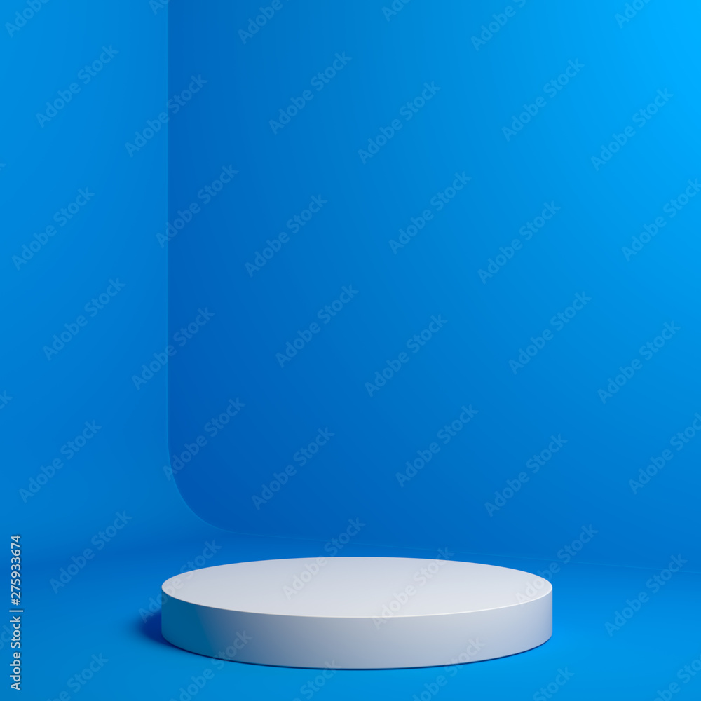 Poster modern showcase with empty space on pedestal on blue background. 3d rendering.