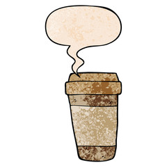 cartoon coffee cup and speech bubble in retro texture style