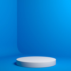 Modern Showcase with empty space on pedestal on blue background. 3d rendering.