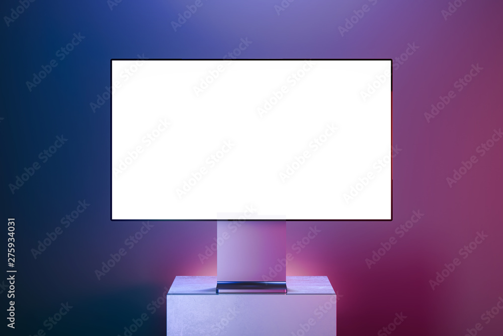 Poster silver realistic blank modern monitor on multicolored background. 3d rendering.