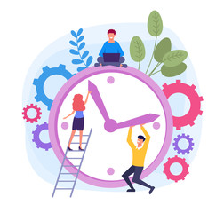 Time management teamwork concept. Vector flat cartoon design graphic illustration