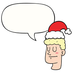 cartoon man wearing christmas hat and speech bubble