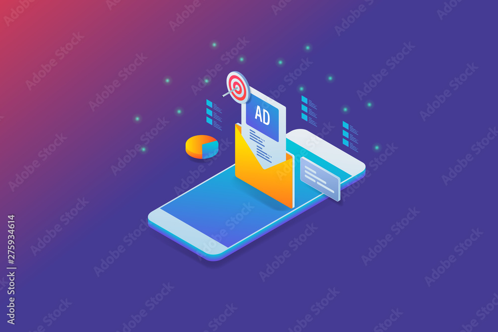 Poster email ad displaying on an isometric smartphone, with target, chart, dialog box icons
