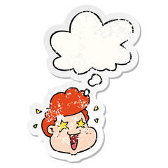 cartoon boy's face and thought bubble as a distressed worn sticker