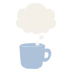 cartoon coffee cup and thought bubble in retro style