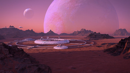 human base on the surface of an alien planet, colony on exoplanet