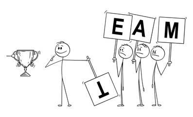 Vector cartoon stick figure drawing conceptual illustration of man or businessman claiming merit or contribution or reward trophy instead of the whole team. Business concept of arrogance