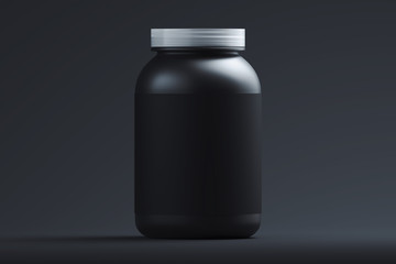 Black plastic bottle with blank label on black background, 3d rendering.