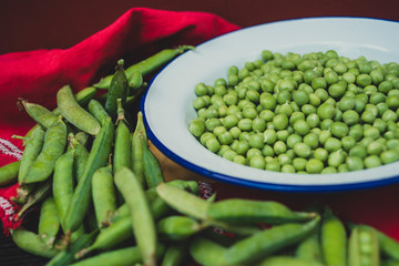 Organic green pea in a tin plate
