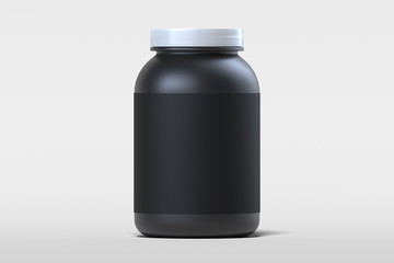Black plastic bottle with blank label on white background, 3d rendering.