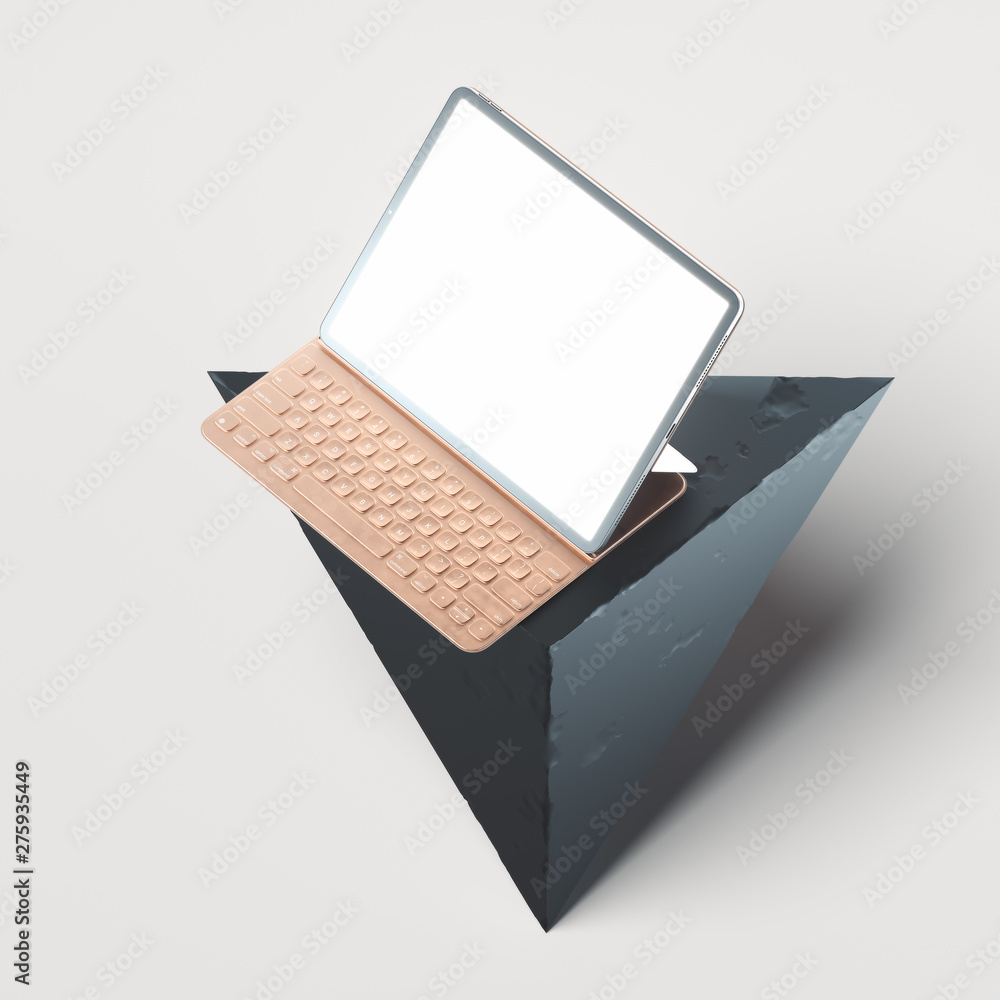 Poster modern blank tablet on geometric triangle stone figure. 3d rendering.