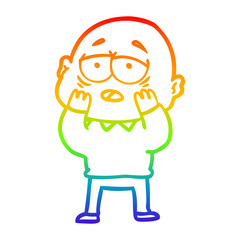 rainbow gradient line drawing cartoon tired bald man