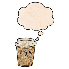 cartoon take out coffee and thought bubble in grunge texture pattern style