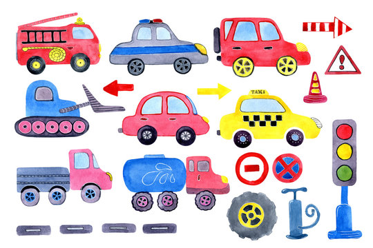 Watercolor cartoon car with road signs. Design of children's clothes, books, scrapbooking, invitations, greetings.