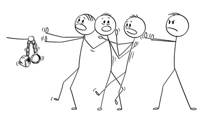 Vector cartoon stick figure drawing conceptual illustration of man or businessman or manager accusing rest of the team from failure responsibility.