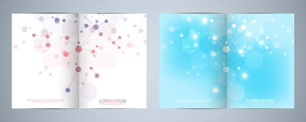 Fototapeta na wymiar Vector template brochures or cover design, book, flyer, with molecules background and neural network. Abstract geometric background of connected lines and dots. Science and technology concept.