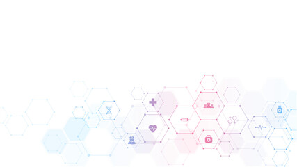 Abstract medical background with flat icons and symbols. Template design with concept and idea for healthcare technology, innovation medicine, health, science and research. Vector illustration.