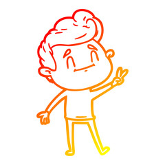 warm gradient line drawing happy cartoon man giving a peace sign