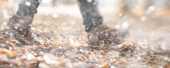 Winter park a man walks along a path foliage