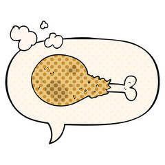 cartoon cooked chicken leg and speech bubble in comic book style