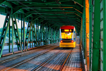 Tram on Gdanski Bridge in Warsaw